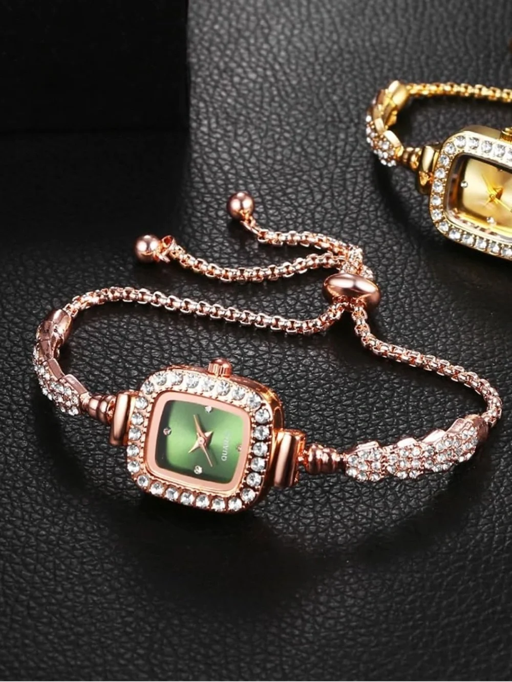 Anthropologie Rose Gold-Tone Crystal Bracelet Watch with Green Dial